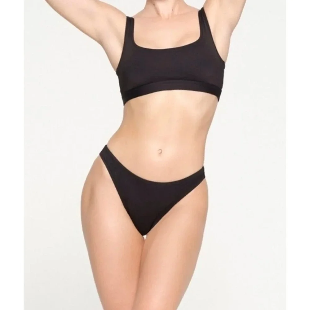 Skims Signature Swim Dipped Mid Coverage Bottom Onyx Black XS Bikini Bottoms
